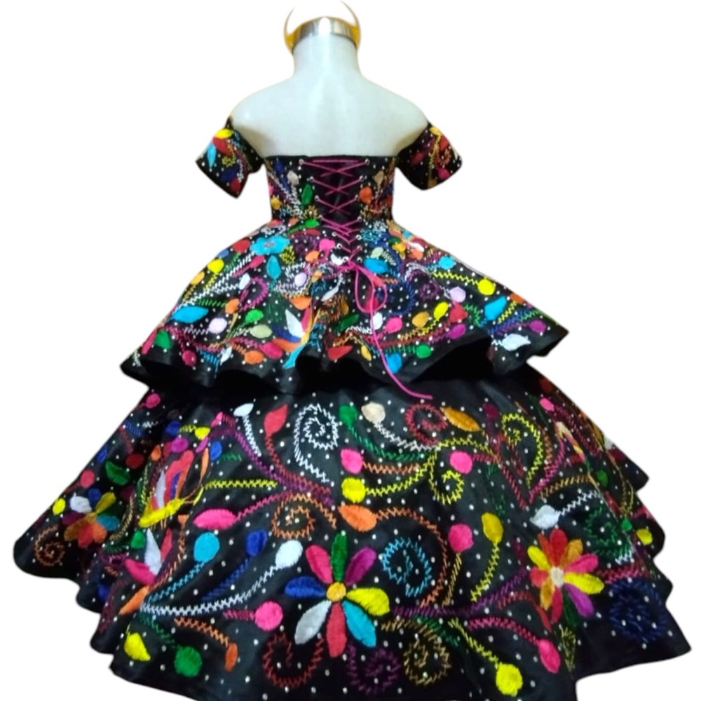 Mexican Ruffled Tiered Gown with Puff Sleeves Hand Embroidery Silk & Sateen